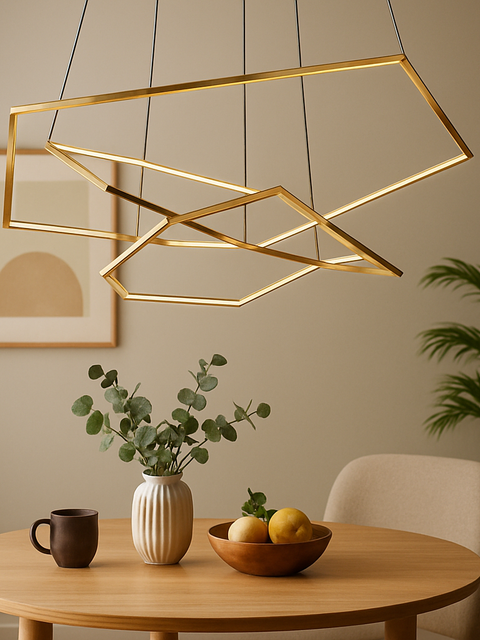 Tatva Lights Modern Hexa-Ring LED Chandelier in matte black finish with warm white illumination – geometric ceiling light for living rooms, dining spaces, and contemporary interiors.