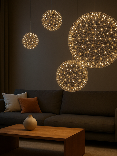 Modern living room with LumiSphere Spark Pendant Chandelier – spherical LED hanging lights with intricate wireframe design, creating a warm and elegant ambiance