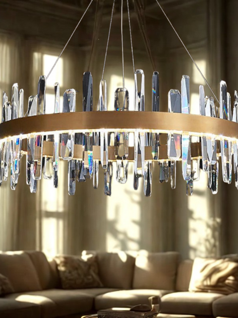 Tatva Lights Crystal Flare chandelier with radiant prism-cut crystals and a gold circular frame – luxurious LED hanging light for modern dining rooms, living areas, and premium interiors.