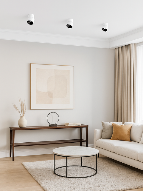 A contemporary interior featuring Tatva EuroBeam Adjustable Surface Spotlights, designed with a sleek white cylindrical body and directional LED lighting for versatile use in living rooms, hallways, kitchens, and commercial spaces