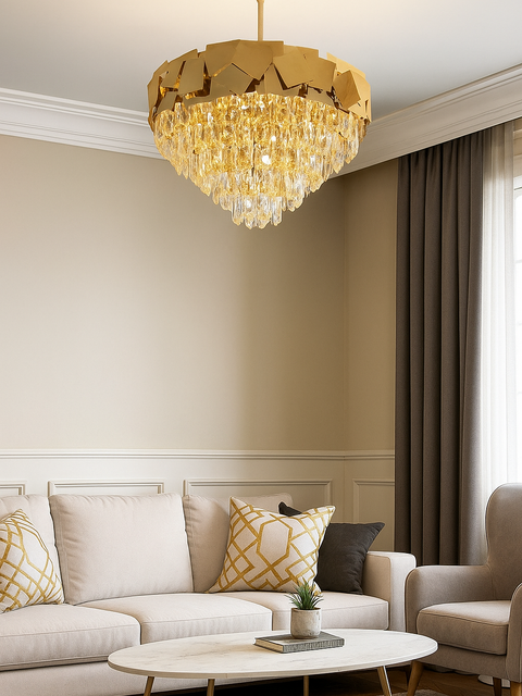 Luxurious Tatva Imperial Glint Crystal Chandelier featuring a golden crown-inspired frame with cascading crystals, perfect for upscale living rooms, dining areas, and hotel lobbies