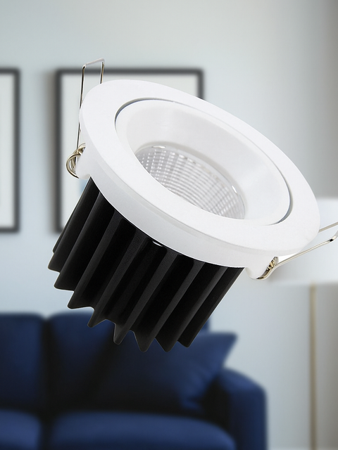 Tatva Lights LANA 12W recessed adjustable LED downlight in white finish with black heat sink, ideal for modern living rooms, offices, and commercial ceiling lighting.