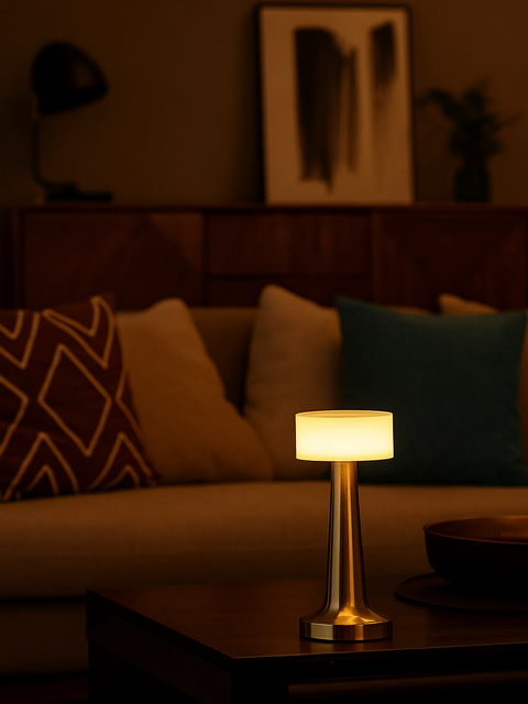 Tatva Lights BARBELL Rechargeable Wireless Bar Table Lamp featuring a sleek metallic stem with a wide base and a soft rectangular top shade, emitting a warm ambient glow on a cozy living room side table.