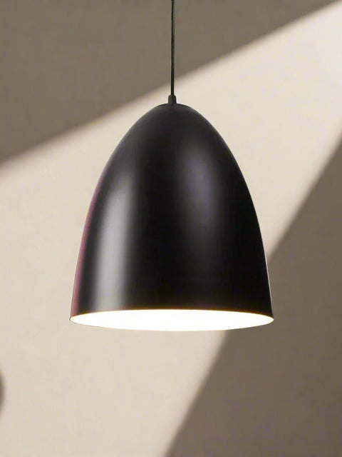 Tatva Lights Modern black matte egg-shaped pendant light with gold interior – contemporary ceiling hanging lamp for kitchen, dining area, or bathroom decor.