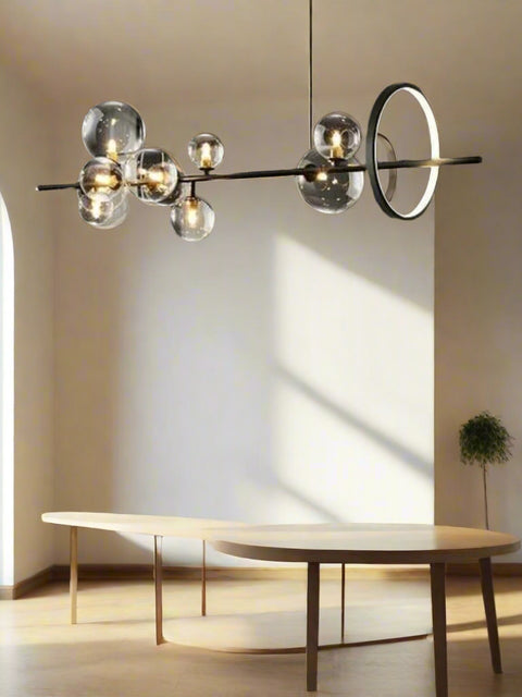 Tatva Lights gold linear contemporary chandelier โ modern minimalist hanging light fixture for dining rooms, kitchen islands, or living spaces with elegant ambient lighting.