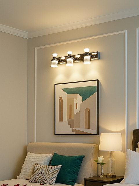 Modern bedroom with Tatva Lights wall-mounted vanity fixture above abstract artwork, featuring four frosted glass lamps on a sleek chrome base, casting warm ambient lighting