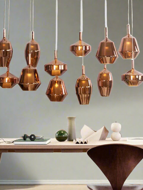 Tatva Lights PrismGlow copper cluster pendant lights – modern geometric hanging lights in polished copper finish, perfect for dining areas, office spaces, or contemporary interiors