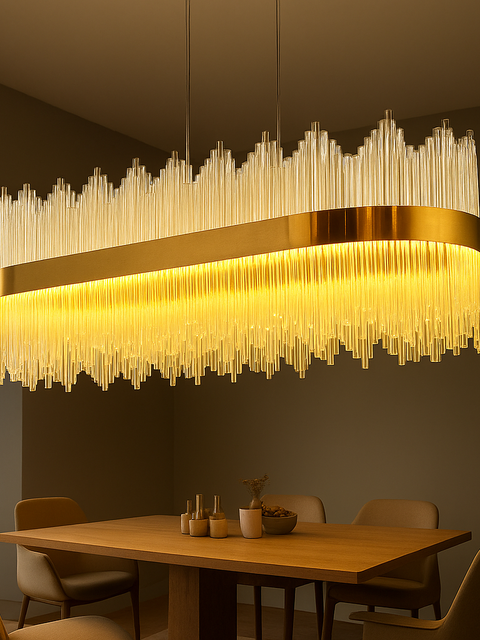 Tatva Lights luxury crystal chandelier with layered glass detailing and a gold finish – elegant lighting centerpiece for living rooms, dining areas, and upscale interiors.