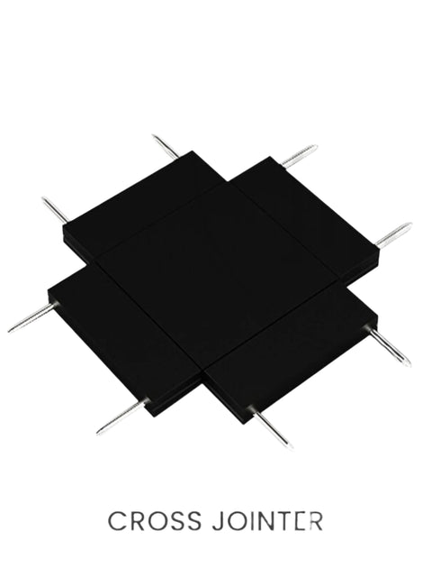 Tatva Lights 4-way black magnetic track light connector with sleek square design and metallic pins, used for joining multiple track lighting rails in modern linear lighting systems.