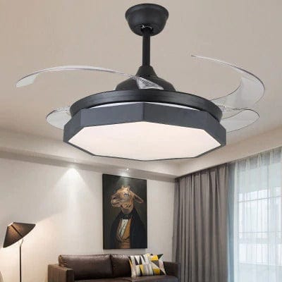 A Black Hexa Ceiling Fan Chandelier with glass lampshade and brown blades, mounted in a room with a painting on the wall and curtains in the background.