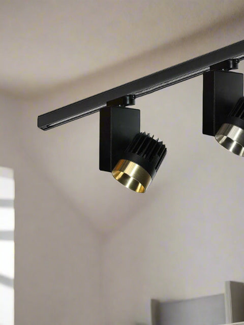 Tatva Lights modern adjustable track lights with dual-tone black and gold/silver cylindrical heads – contemporary ceiling spotlights for living rooms, galleries, or retail interiors.