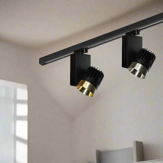 Tatva Lights modern adjustable track lights with dual-tone black and gold/silver cylindrical heads – contemporary ceiling spotlights for living rooms, galleries, or retail interiors.