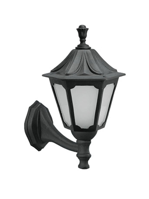 Tatva Lights Classic Crest outdoor wall light featuring a traditional lantern design with a matte black finish and frosted panels, perfect for enhancing vintage and colonial-style exteriors.