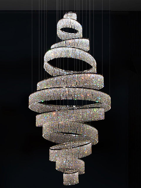Tatva Lights Crystal Imbrem Ring Chandelier featuring a stunning circular crystal ring design with integrated LED lighting, perfect for adding luxury and elegance to modern living rooms, dining spaces, or high-ceiling interiors.