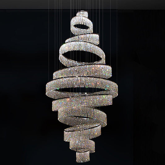 Tatva Lights Crystal Imbrem Ring Chandelier featuring a stunning circular crystal ring design with integrated LED lighting, perfect for adding luxury and elegance to modern living rooms, dining spaces, or high-ceiling interiors.