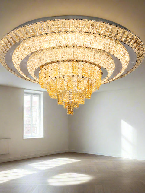 Tatva Lights Crystal Luxe 3-Layer LED Chandelier featuring elegant cascading crystal rings, available in silver, gold, and dual-tone finishes—perfect for adding luxurious ambiance to modern spaces.