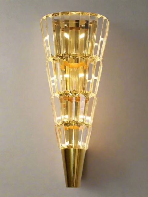Tatva Lights Luxury gold crystal wall sconce light fixture with tiered design and warm LED illumination โ perfect for modern living rooms, bedrooms, hallways, and luxury interiors.