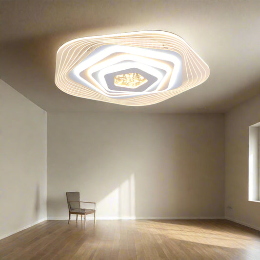 Tatva Lights Cyrone Crystal Halo Chandelier featuring a radiant circular halo design adorned with precision-cut crystals and integrated LED lighting—ideal for modern living rooms, dining spaces, or luxurious entryways.