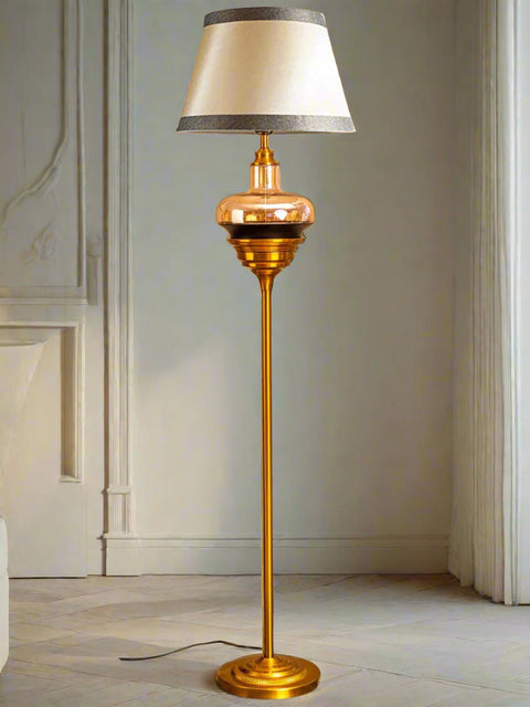 Tatva Lights Elegant gold floor lamp with vintage-inspired glass detail and dual-tone lampshade – perfect for classic living room or reading corner décor