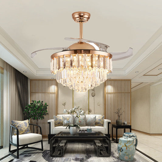 Tatva Lights Frosté Crystal Fan Chandelier featuring a modern fusion of functionality and elegance, with clear crystal accents and sleek fan blades. Ideal for living rooms, dining areas, or bedrooms seeking a touch of luxury and cooling comfort.