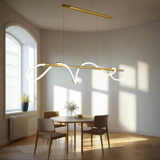 Tatva Lights Haloren Suspension Chandelier featuring a multi-ring suspended design with a brushed gold finish and integrated LED lighting—ideal for modern living rooms, high-ceiling lobbies, or contemporary dining areas.