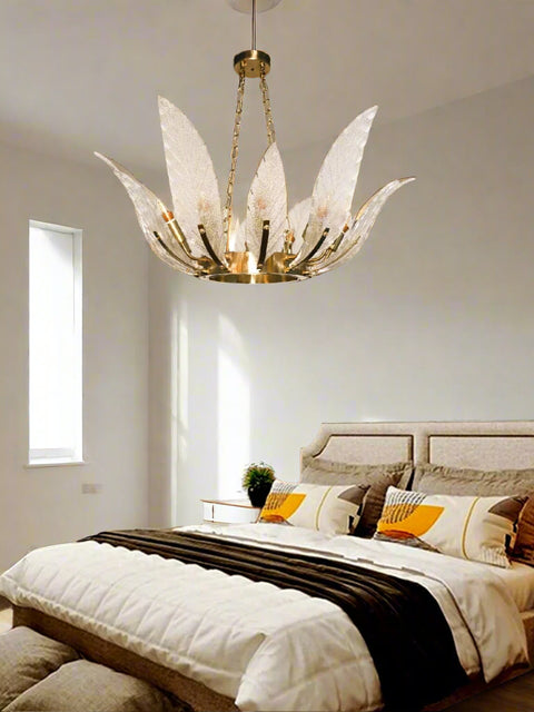 Tatva Lights Lotus Leaf Chandelier – Artistic gold pendant light inspired by lotus leaves, featuring sculptural design and warm LED illumination for luxurious living rooms, dining areas, or entryways.