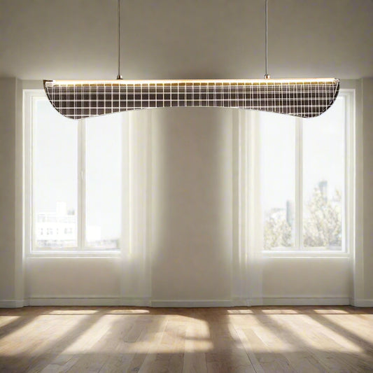 Tatva Lights Lujo Plexus Dining Chandelier  Contemporary sculptural LED chandelier with intertwined linear design in a luxe gold finish, perfect for dining rooms, modern living spaces, or upscale interiors.