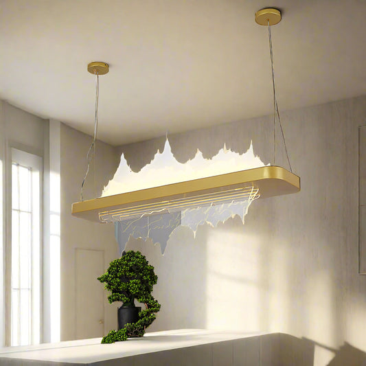 Tatva Lights Lustra Gold Pendant – Sleek and elegant gold-finish hanging light with a minimalist cylindrical form, ideal for modern kitchens, dining areas, or refined commercial interiors.