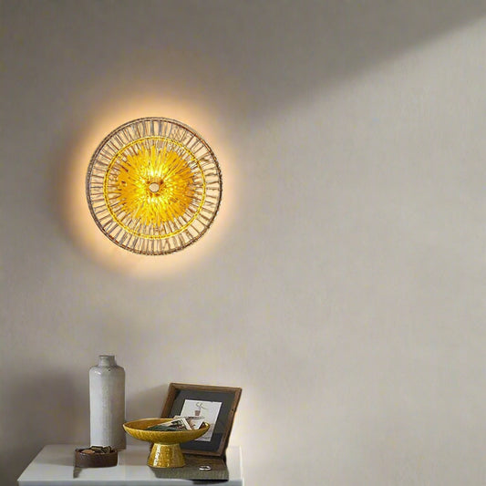 Tatva Lights Luxe Luminara Wall Light featuring a modern gold-accented design with frosted glass diffuser and soft ambient LED glow—perfect for hallways, bedrooms, or upscale living interiors.