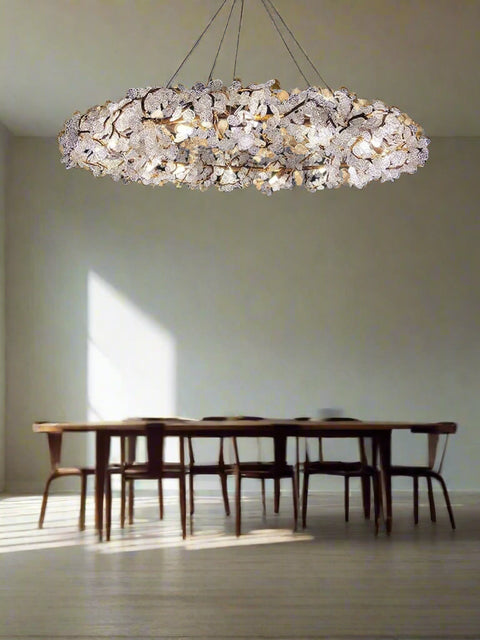 Tatva Lights luxury crystal floral chandelier featuring intricate leaf-like crystal design with warm LED illumination, ideal for elegant and modern ceiling lighting décor.