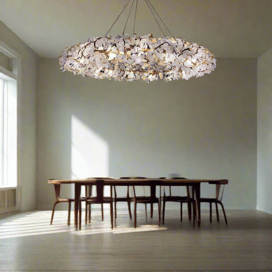 Tatva Lights luxury crystal floral chandelier featuring intricate leaf-like crystal design with warm LED illumination, ideal for elegant and modern ceiling lighting décor.