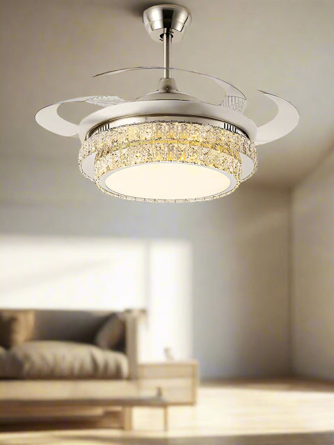 Tatva Lights Opulair Gold Crystal Chandelier Fan with retractable transparent blades, dazzling crystal embellishments, and a radiant gold finish—blending luxury lighting and cooling functionality for elegant living rooms, bedrooms, or dining spaces.