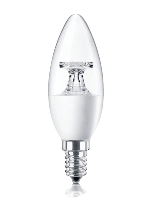 Tatva Lights Osram E14 LED Candle Bulb – Energy-efficient clear flame-tip bulb with warm white glow, ideal for chandeliers, wall sconces, and decorative fixtures in homes or hospitality settings.