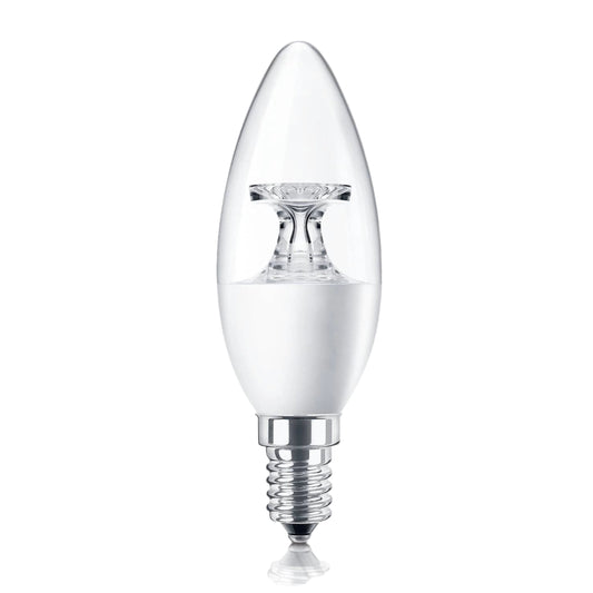 Tatva Lights Osram E14 LED Candle Bulb – Energy-efficient clear flame-tip bulb with warm white glow, ideal for chandeliers, wall sconces, and decorative fixtures in homes or hospitality settings.