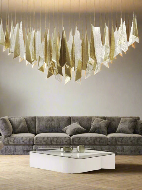 Tatva Lights Prifma Glass Custom Chandelier – Contemporary customizable chandelier featuring geometric glass prisms and metallic accents, ideal for high-end interiors like luxury homes, hotels, and banquet halls. A fusion of elegance and modern design, tailored to suit unique spatial aesthetics