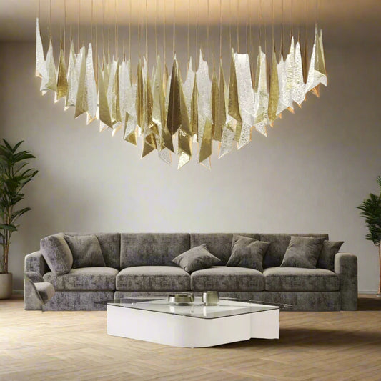 Tatva Lights Prifma Glass Custom Chandelier – Contemporary customizable chandelier featuring geometric glass prisms and metallic accents, ideal for high-end interiors like luxury homes, hotels, and banquet halls. A fusion of elegance and modern design, tailored to suit unique spatial aesthetics