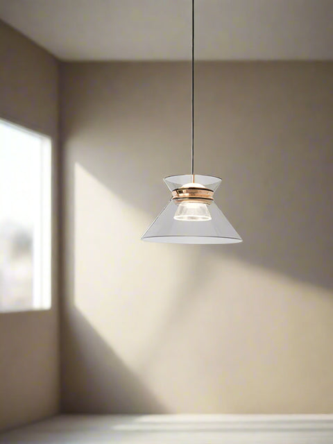 Tatva Lights Prism Luxe Pendant – a modern hanging light featuring a double-cone clear glass shade with a central gold accent, ideal for adding geometric elegance to contemporary interiors