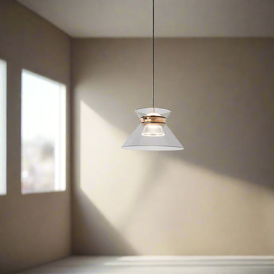 Tatva Lights Prism Luxe Pendant – a modern hanging light featuring a double-cone clear glass shade with a central gold accent, ideal for adding geometric elegance to contemporary interiors