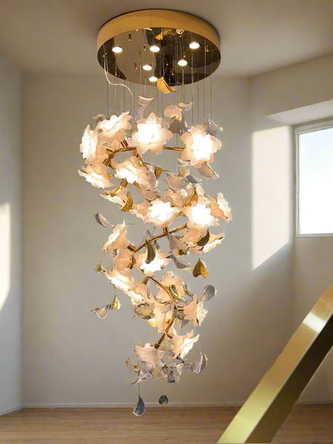 Tatva Lights – Sacred Lotus Chandelier featuring an elegant lotus-inspired design with delicately layered petals and integrated warm LED lighting, offering a serene and luxurious centerpiece for living rooms, lounges, or meditation spaces.