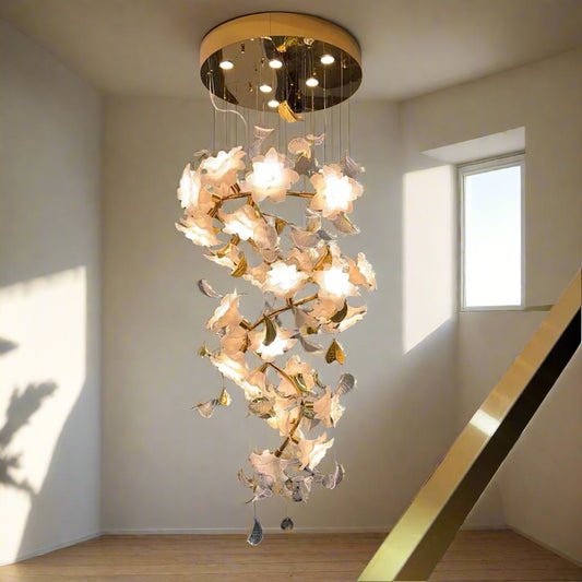 Tatva Lights – Sacred Lotus Chandelier featuring an elegant lotus-inspired design with delicately layered petals and integrated warm LED lighting, offering a serene and luxurious centerpiece for living rooms, lounges, or meditation spaces.