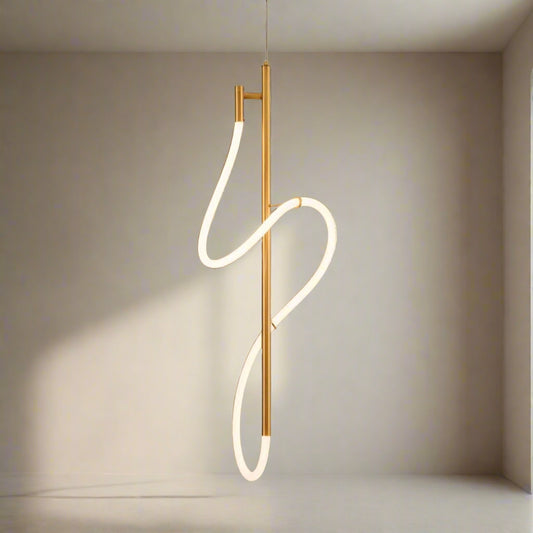 Tatva Lights LUMO Flow Pendant – a modern sculptural LED chandelier with a fluid wave-like design and sleek gold finish, perfect for contemporary luxury interiors.