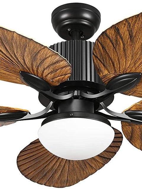 Tatva Lights Tropical Ceiling Fan with LED Light featuring 5 palm-leaf style wooden blades.
Elegant black motor housing with integrated energy-efficient LED light.
Ideal for coastal, bohemian, or tropical-inspired indoor and semi-outdoor spaces.