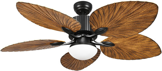 Tatva Lights Tropical Ceiling Fan with LED Light featuring 5 palm-leaf style wooden blades.
Elegant black motor housing with integrated energy-efficient LED light.
Ideal for coastal, bohemian, or tropical-inspired indoor and semi-outdoor spaces.