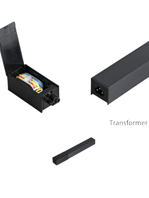 Tatva Lights black magnetic track light transformer kit, showing internal wiring and sleek exterior casing for modular lighting systems.