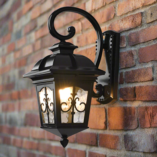 Tatva Lights Victorian Scroll outdoor wall lantern in black finish featuring ornate scrollwork and a vintage silhouette, perfect for adding timeless charm to outdoor exteriors.