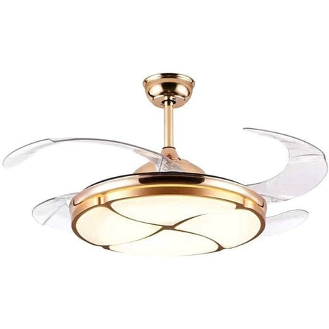 Tatva Lights Zephyris Invisible Chandelier Ceiling Fan featuring retractable transparent blades, a gold-finish frame, and integrated crystal LED lighting—perfect for modern living rooms or bedrooms combining functionality with luxurious aesthetics.