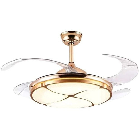 Tatva Lights Zephyris Invisible Chandelier Ceiling Fan featuring retractable transparent blades, a gold-finish frame, and integrated crystal LED lighting—perfect for modern living rooms or bedrooms combining functionality with luxurious aesthetics.