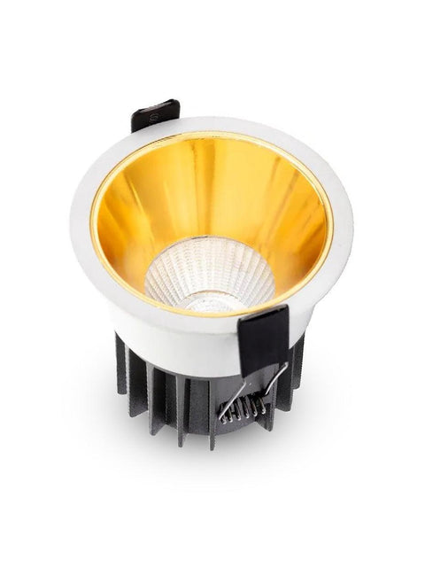 Tatva Lights recessed LED downlight with a gold reflector and white trim, designed for modern ceiling installations, offering focused illumination and a luxurious finish.