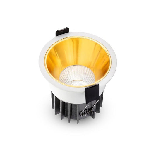 Tatva Lights recessed LED downlight with a gold reflector and white trim, designed for modern ceiling installations, offering focused illumination and a luxurious finish.
