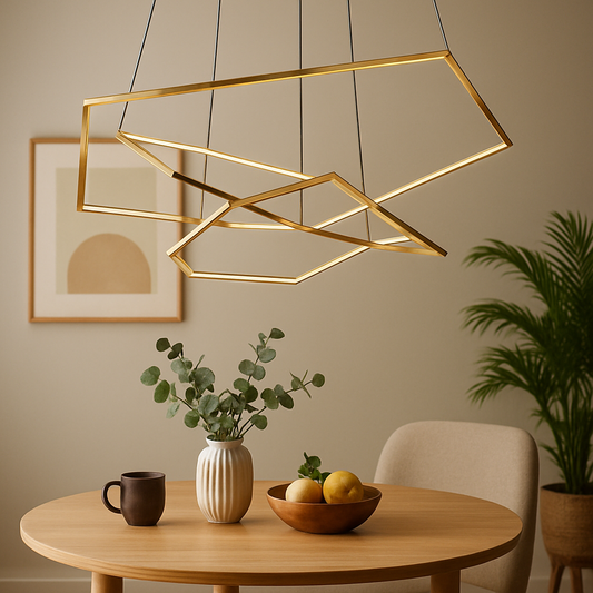 Tatva Lights Modern Hexa-Ring LED Chandelier in matte black finish with warm white illumination – geometric ceiling light for living rooms, dining spaces, and contemporary interiors.
